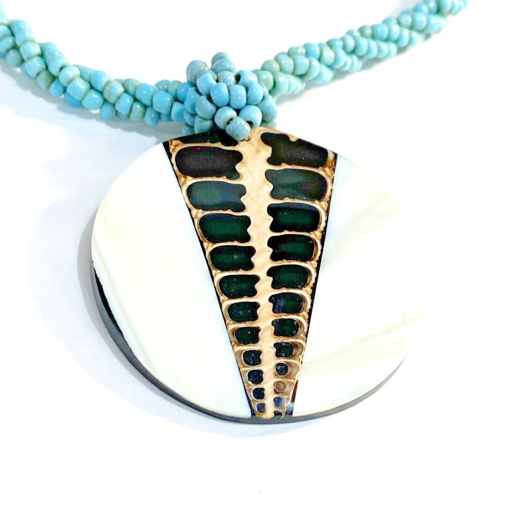 Unique Blue Beaded Necklace Carved MOP Shell Pendant tribal beachy Boho collar - Picture 3 of 7